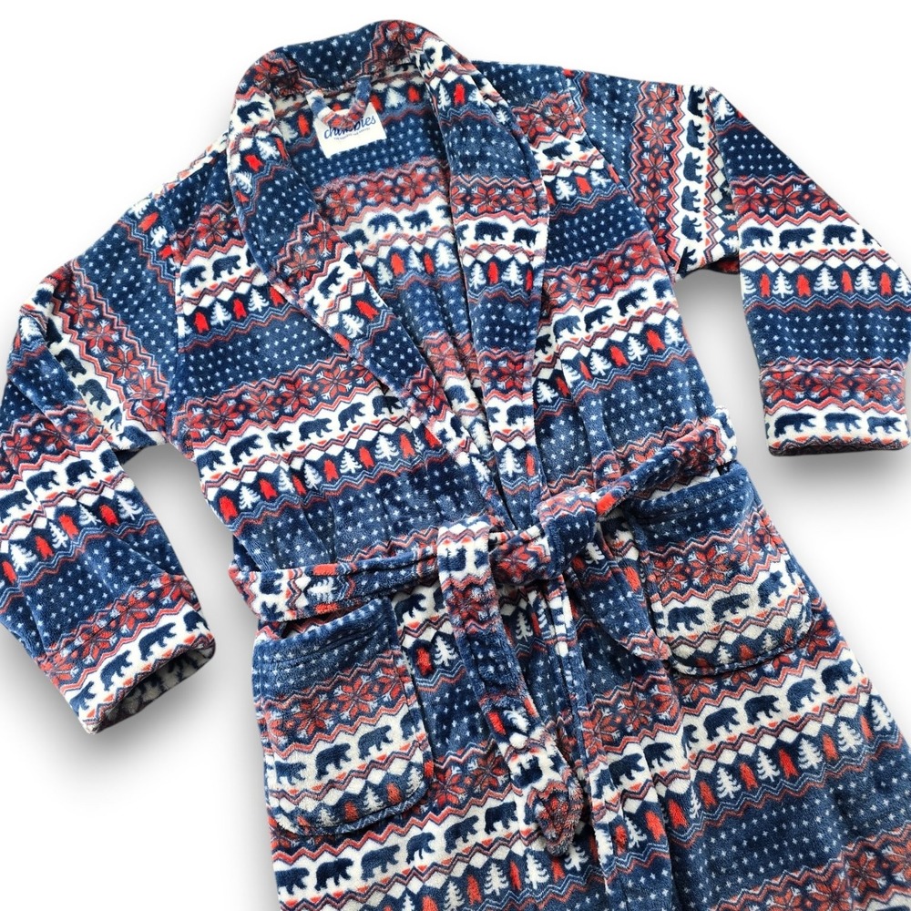 Chubbies Robe Mens One Size Blue Red Fair Isle Bear Fleece Belted Pockets Posh